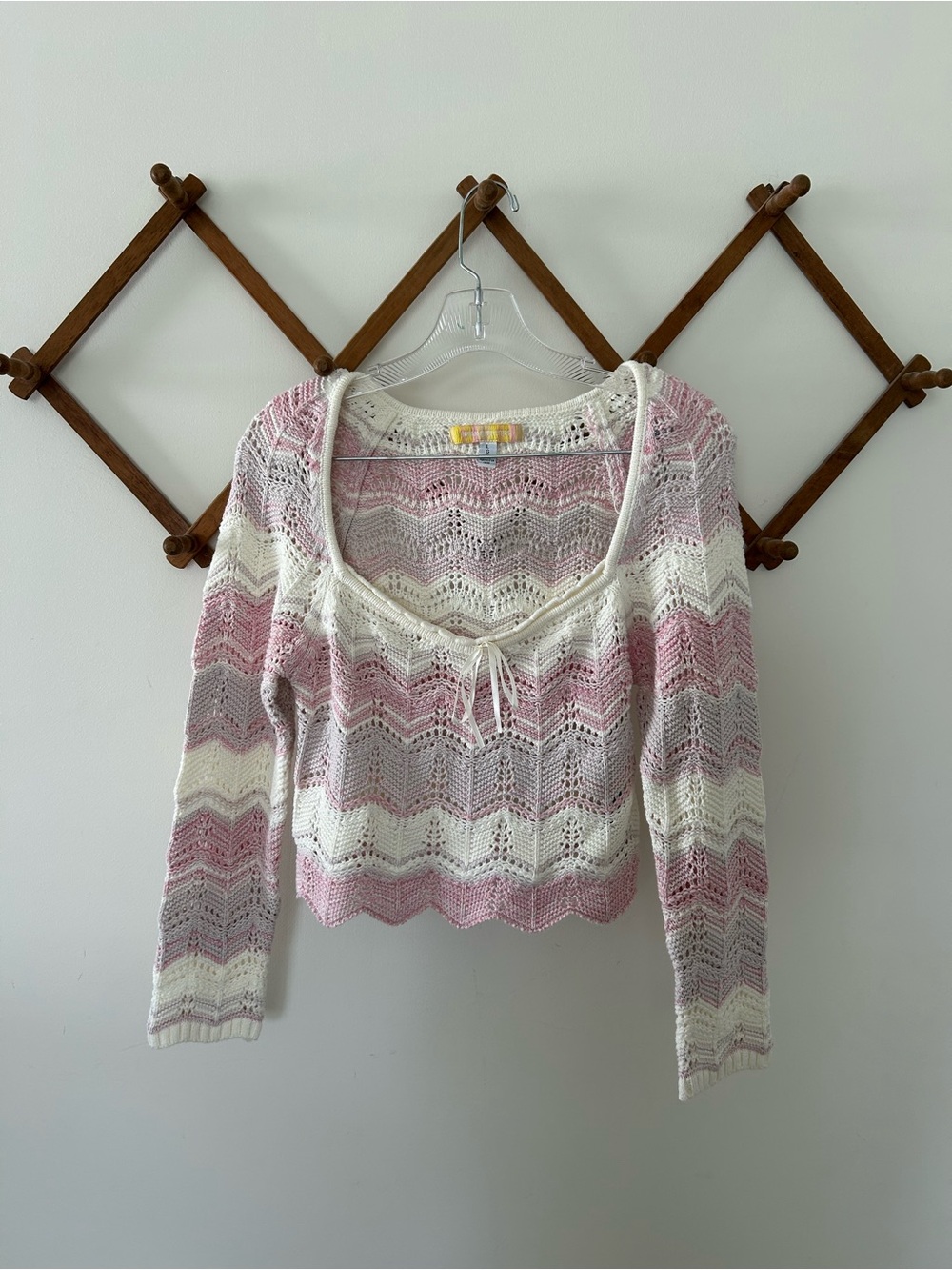 Urban Outfitters Pink & White Crochet Chevron Peasant Top